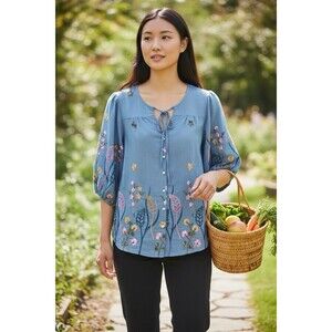 Ana & Rose Women’s Embroidered Floral Balloon Sleeve Blouse Size Medium Peasant